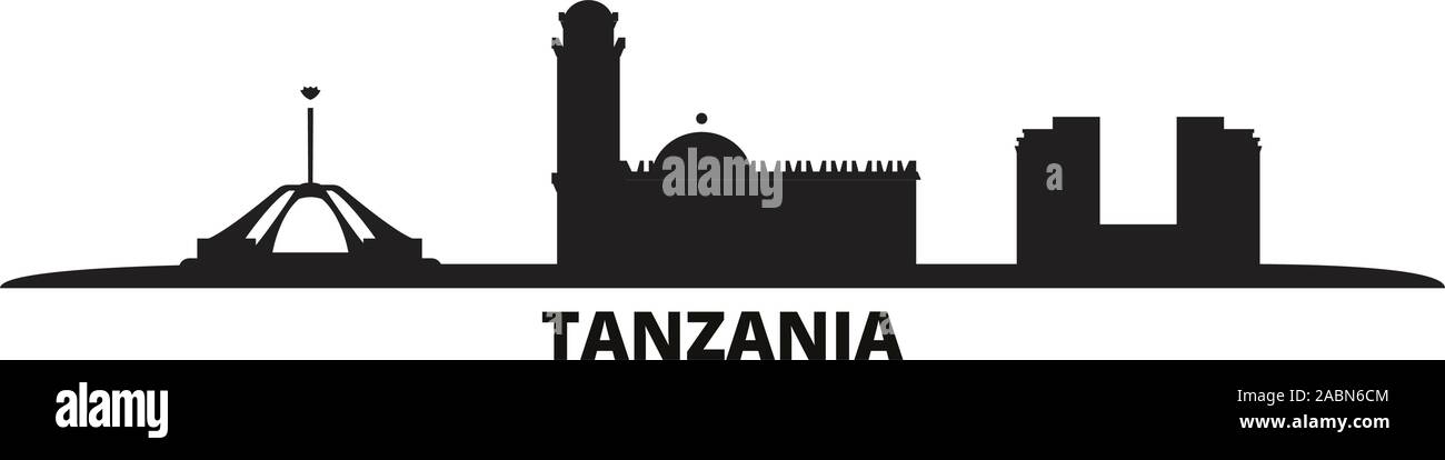Tanzania skyline della città isolata illustrazione vettoriale. Tanzania viaggio paesaggio urbano in nero Illustrazione Vettoriale