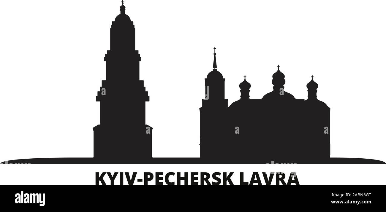 Ucraina, Kiev, Pechersk Lavra skyline della città isolata illustrazione vettoriale. Ucraina, Kiev, Pechersk Lavra viaggio paesaggio urbano in nero Illustrazione Vettoriale
