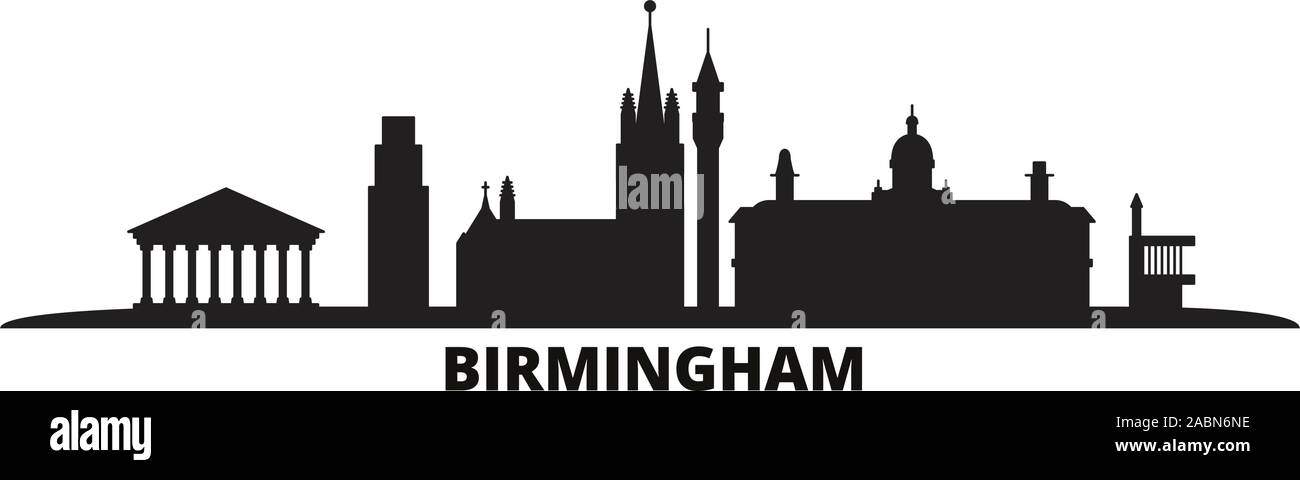 Regno Unito Birmingham City skyline isolato illustrazione vettoriale. Regno Unito, Birmingham viaggio paesaggio urbano in nero Illustrazione Vettoriale