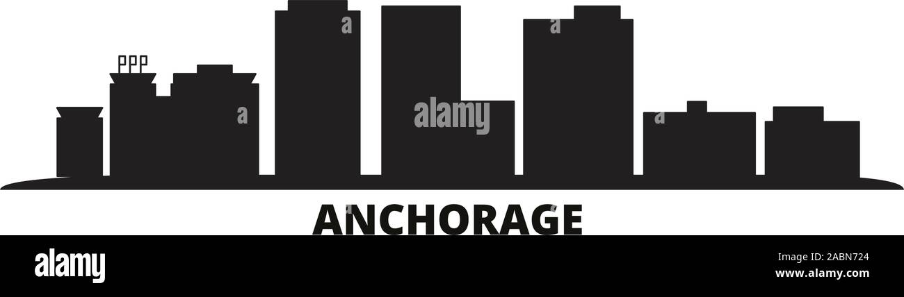 Stati Uniti, Anchorage skyline della città isolata illustrazione vettoriale. Stati Uniti, Anchorage viaggi paesaggio urbano in nero Illustrazione Vettoriale