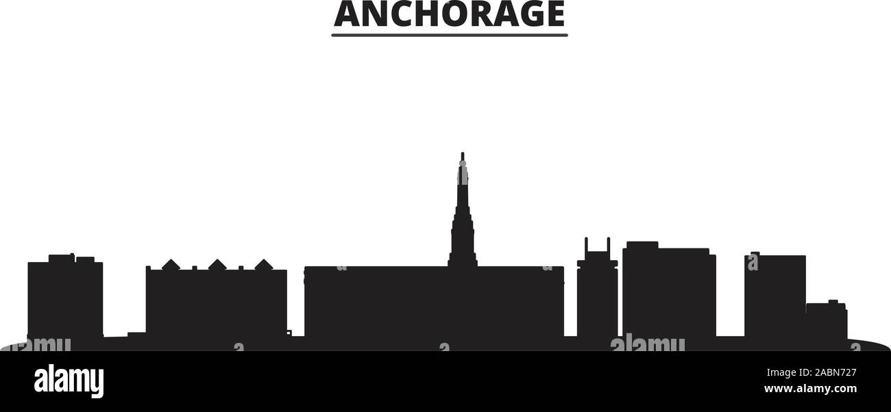 Stati Uniti, Anchorage City skyline della città isolata illustrazione vettoriale. Stati Uniti, Anchorage City viaggio paesaggio urbano in nero Illustrazione Vettoriale