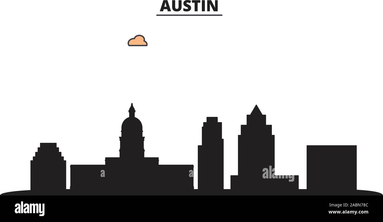 Stati Uniti, Austin City skyline della città isolata illustrazione vettoriale. Stati Uniti, Austin City viaggio paesaggio urbano in nero Illustrazione Vettoriale