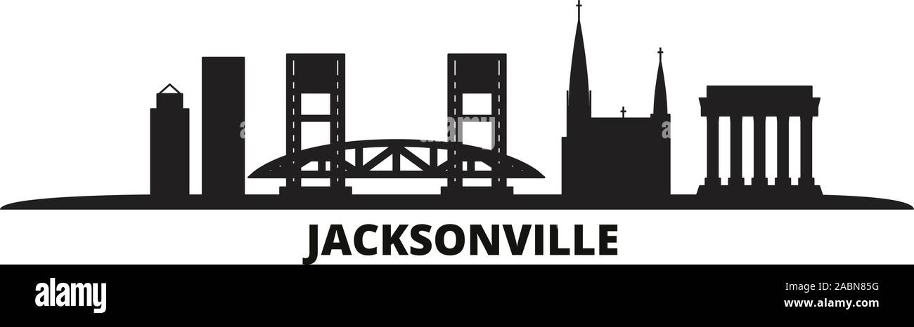 Stati Uniti, Jacksonville skyline della città isolata illustrazione vettoriale. Stati Uniti, Jacksonville viaggio paesaggio urbano in nero Illustrazione Vettoriale
