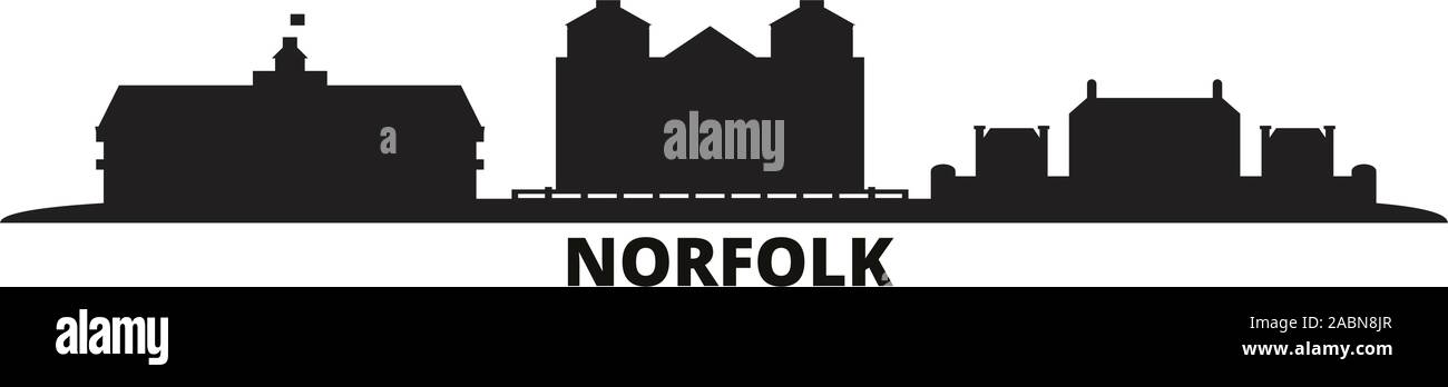Stati Uniti, Norfolk skyline della città isolata illustrazione vettoriale. Stati Uniti, Norfolk viaggi paesaggio urbano in nero Illustrazione Vettoriale