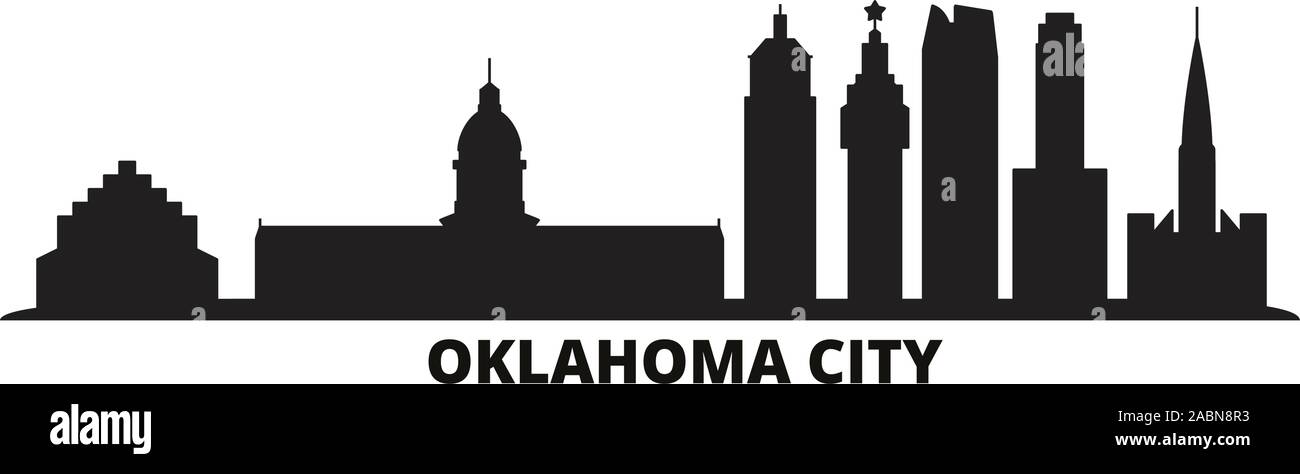 Stati Uniti, Oklahoma City skyline isolato illustrazione vettoriale. Stati Uniti, Oklahoma City viaggi paesaggio urbano in nero Illustrazione Vettoriale