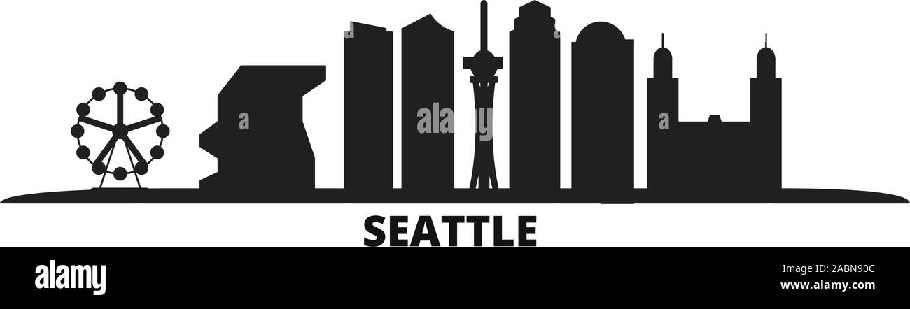 Stati Uniti, Seattle skyline della città isolata illustrazione vettoriale. Stati Uniti, Seattle viaggio paesaggio urbano in nero Illustrazione Vettoriale