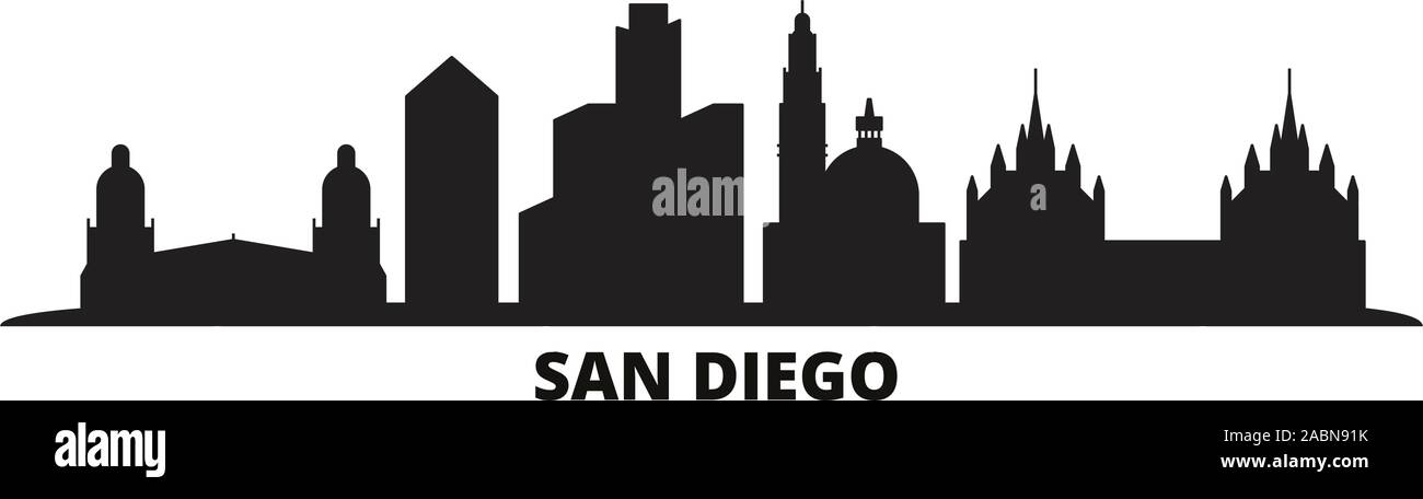 Stati Uniti, San Diego skyline della città isolata illustrazione vettoriale. Stati Uniti, San Diego viaggi paesaggio urbano in nero Illustrazione Vettoriale