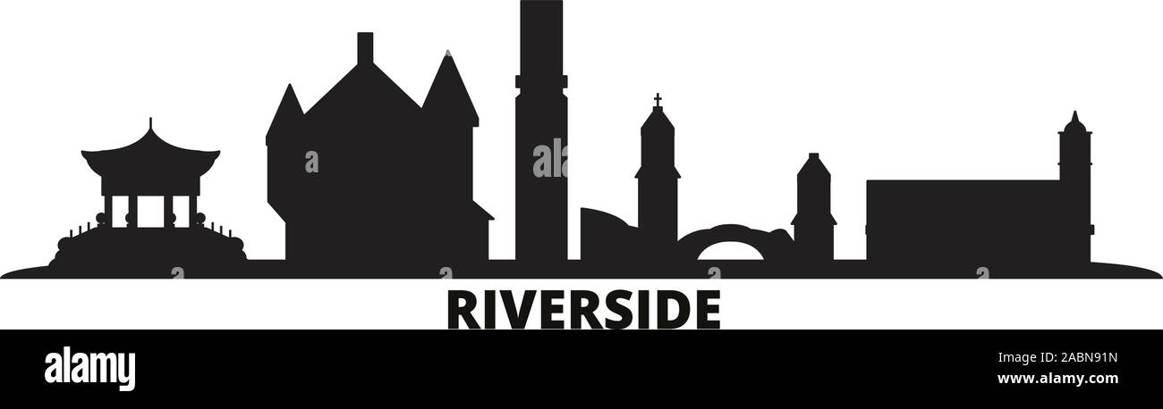 Stati Uniti, Riverside skyline della città isolata illustrazione vettoriale. Stati Uniti, Riverside viaggio paesaggio urbano in nero Illustrazione Vettoriale