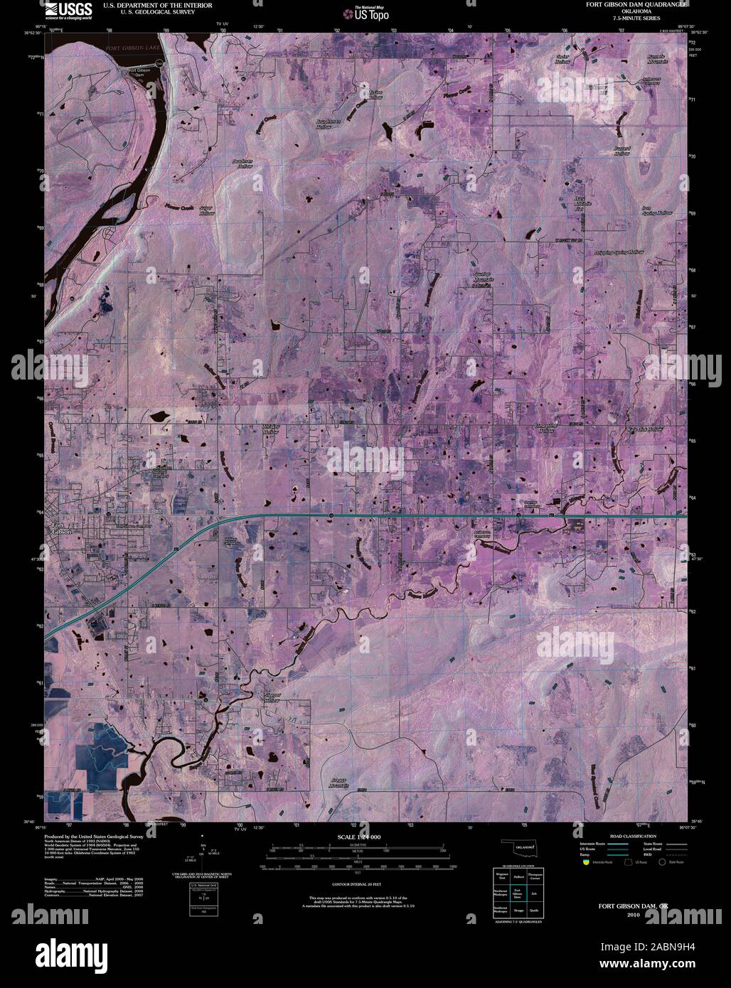 USGS TOPO Map Oklahoma OK Fort Gibson Dam 20100129 TM restauro invertito Foto Stock