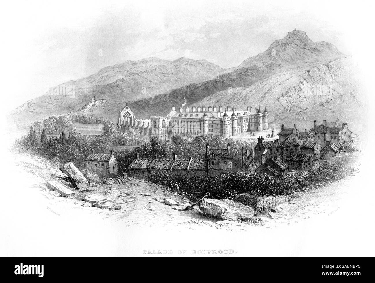 Una incisione del Palazzo di Holyrood scansionati ad alta risoluzione da un libro stampato nel 1859. Ritiene copyright free. Foto Stock