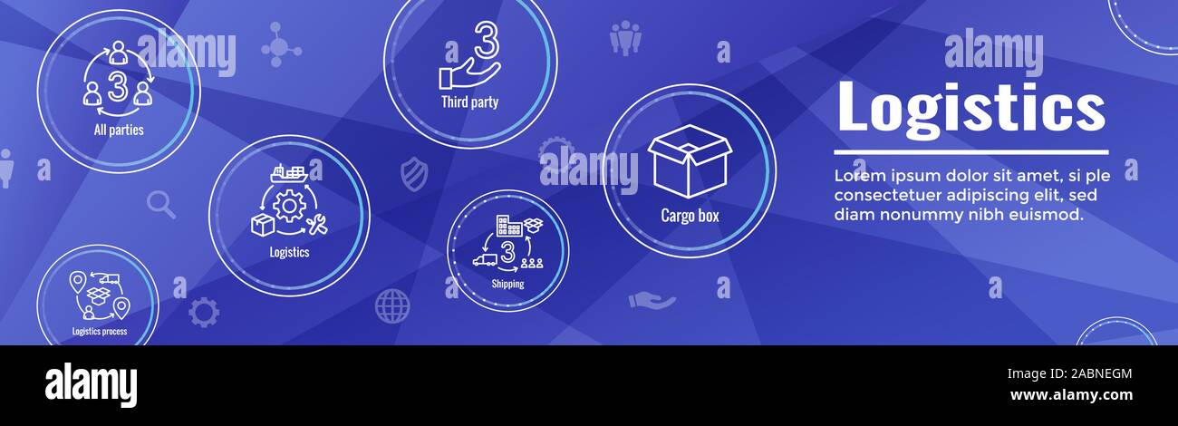 La logistica di set di icone e web banner di intestazione w edifici, autotrasporti, persone e nella confezione per la spedizione Illustrazione Vettoriale