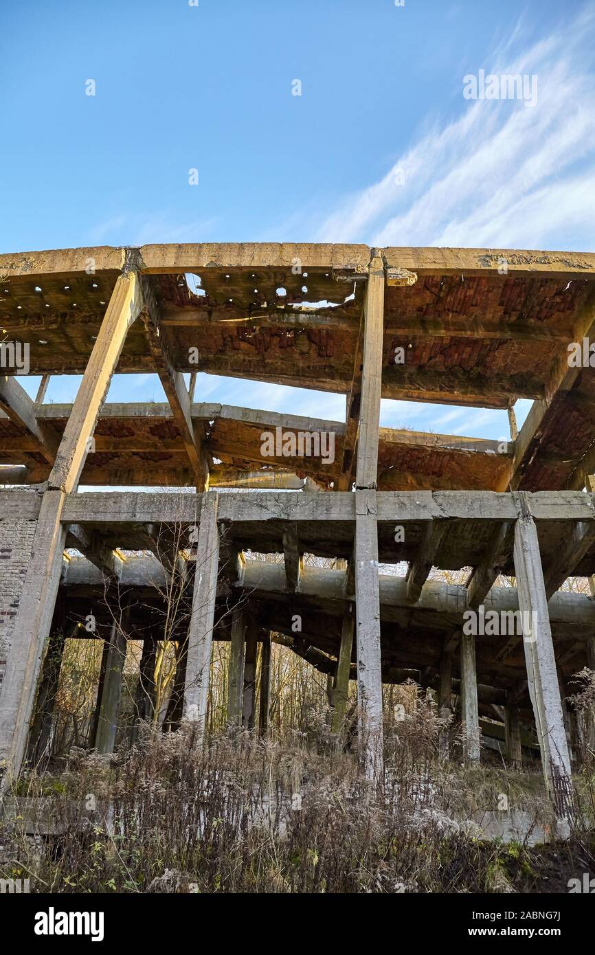 Rovinato concreta struttura industriale nella foresta al tramonto. Foto Stock