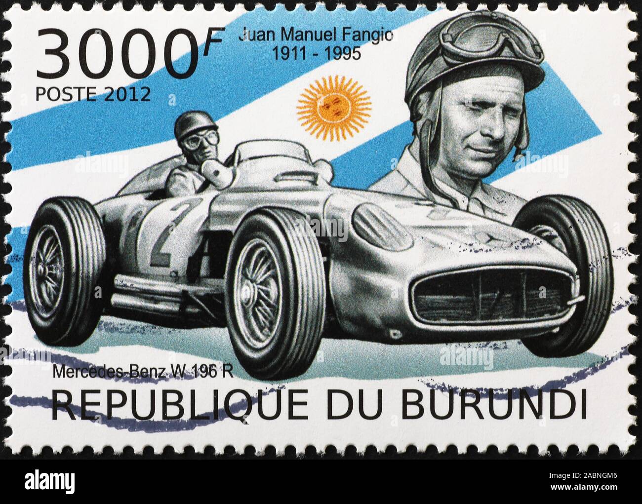 Racing driver Juan Manuel Fangio sul timbro del Burundi Foto Stock