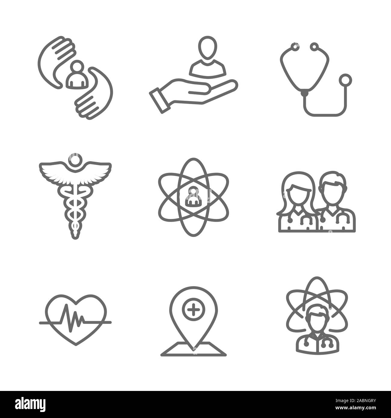 Medico cura Icon Set con medici, paziente e la cura della salute, etc Illustrazione Vettoriale