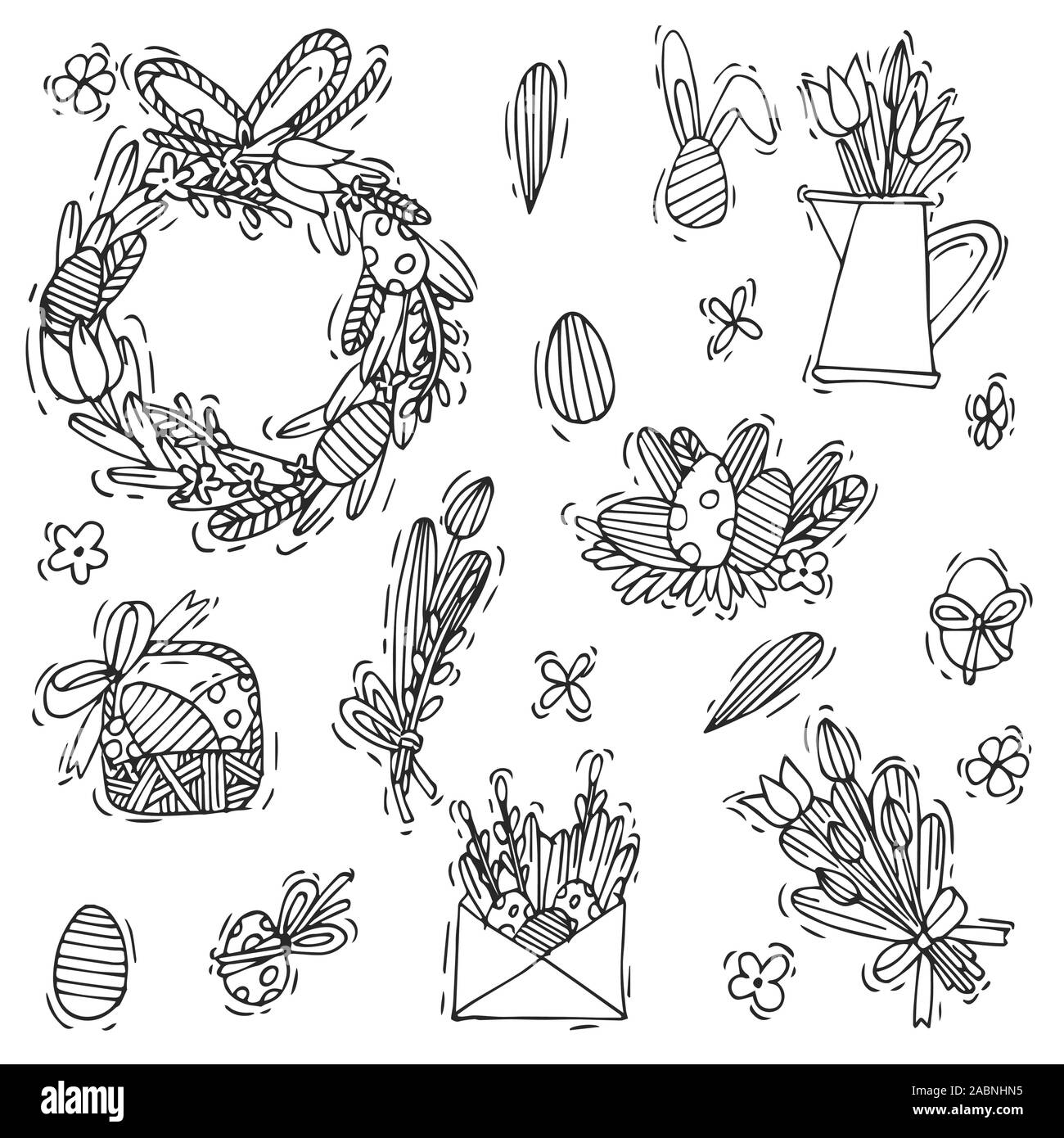 Vettore di disegnare a mano illustrazioni decorazioni di pasqua e le uova di composizione. Colorate icone lineare su sfondo bianco. Illustrazione Vettoriale