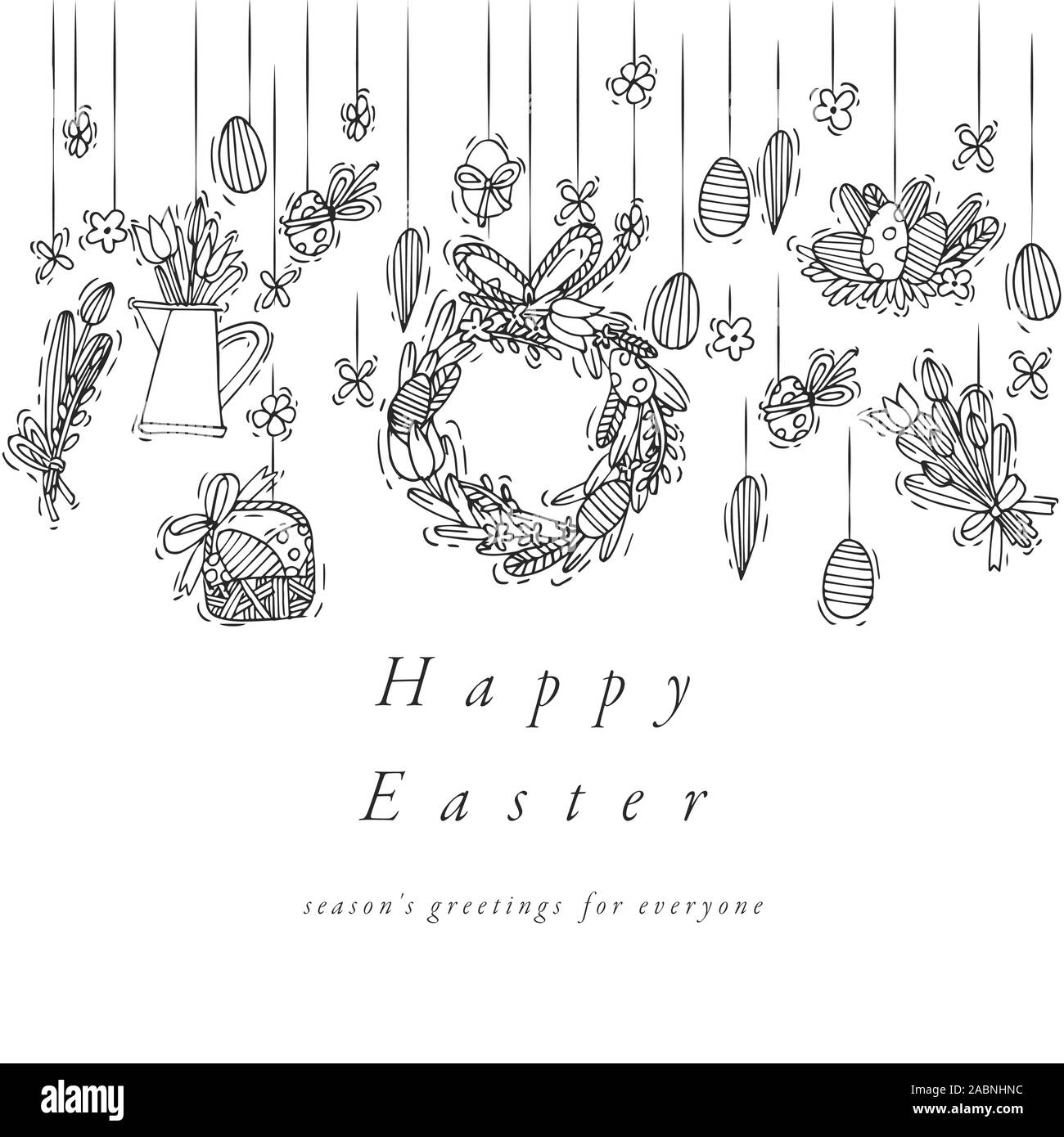 Le uova di pasqua di composizione. Colorate icone lineare su sfondo bianco. Appendere la Pasqua uova ornamentali. Felice Pasqua biglietto di auguri. Illustrazione Vettoriale