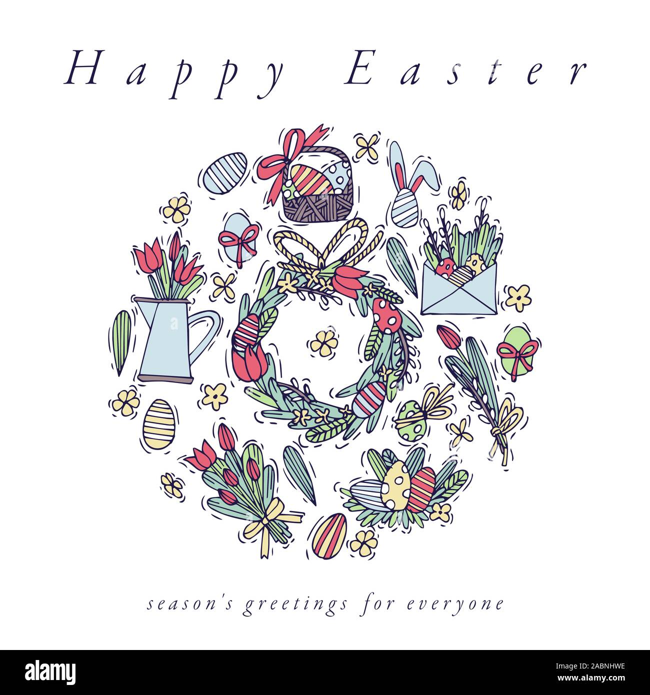 Le uova di pasqua di composizione. Colorate icone lineare su sfondo bianco. Appendere la Pasqua uova ornamentali. Felice Pasqua biglietto di auguri. Illustrazione Vettoriale
