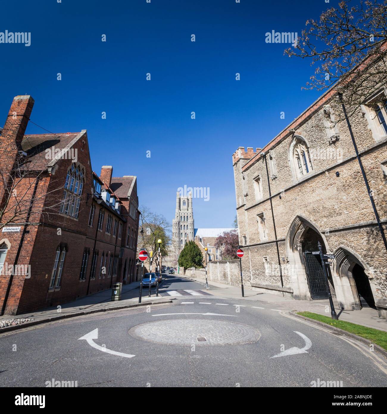 Ely, Cambridgeshire, Regno Unito, su una luminosa e soleggiata giornata di primavera. La cattedrale è sullo sfondo al centro incorniciato da re edifici scolastici. Foto Stock