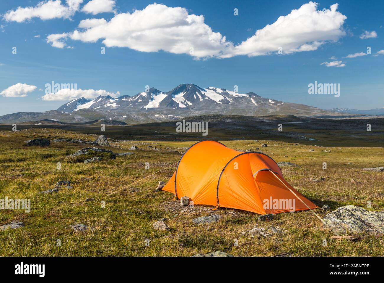 Zelt mit Blick zum Akkamassiv, Stora Sjoefallet Nationalpark, Welterbe Laponia, Norrbotten, Lappland, Schweden, Juli 2013 Foto Stock