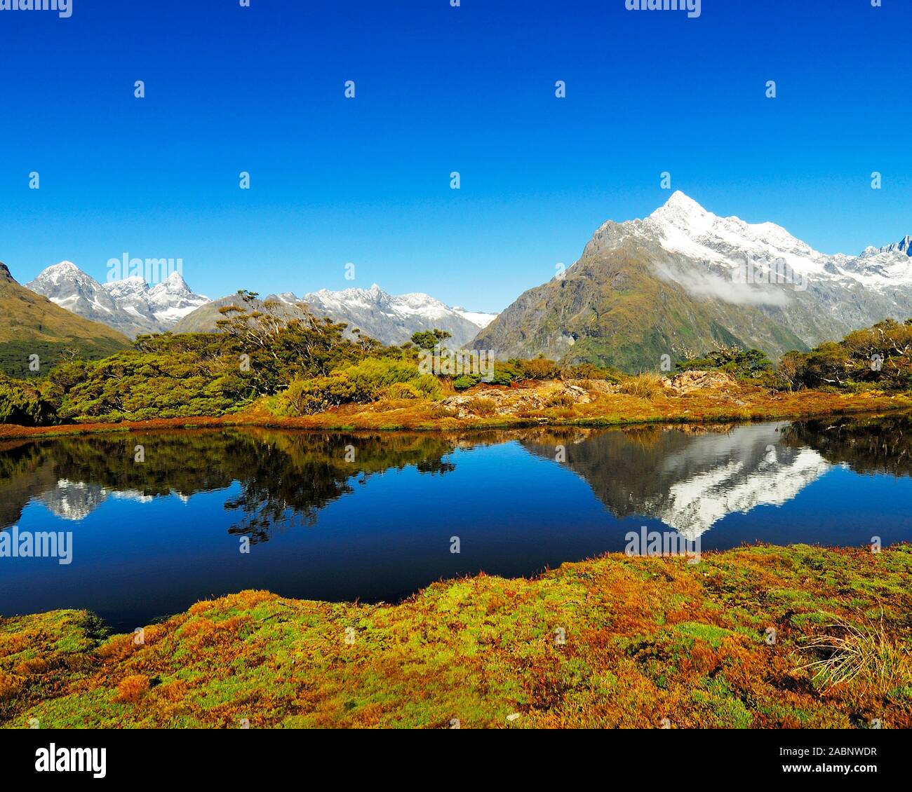 Vertice chiave mit Spiegelung des Mt. Christina, Fjordland Nationalpark, Weltnaturerbe sud ovest della Nuova Zelanda, Westkueste, Suedinsel Neuseeland; Februar Foto Stock