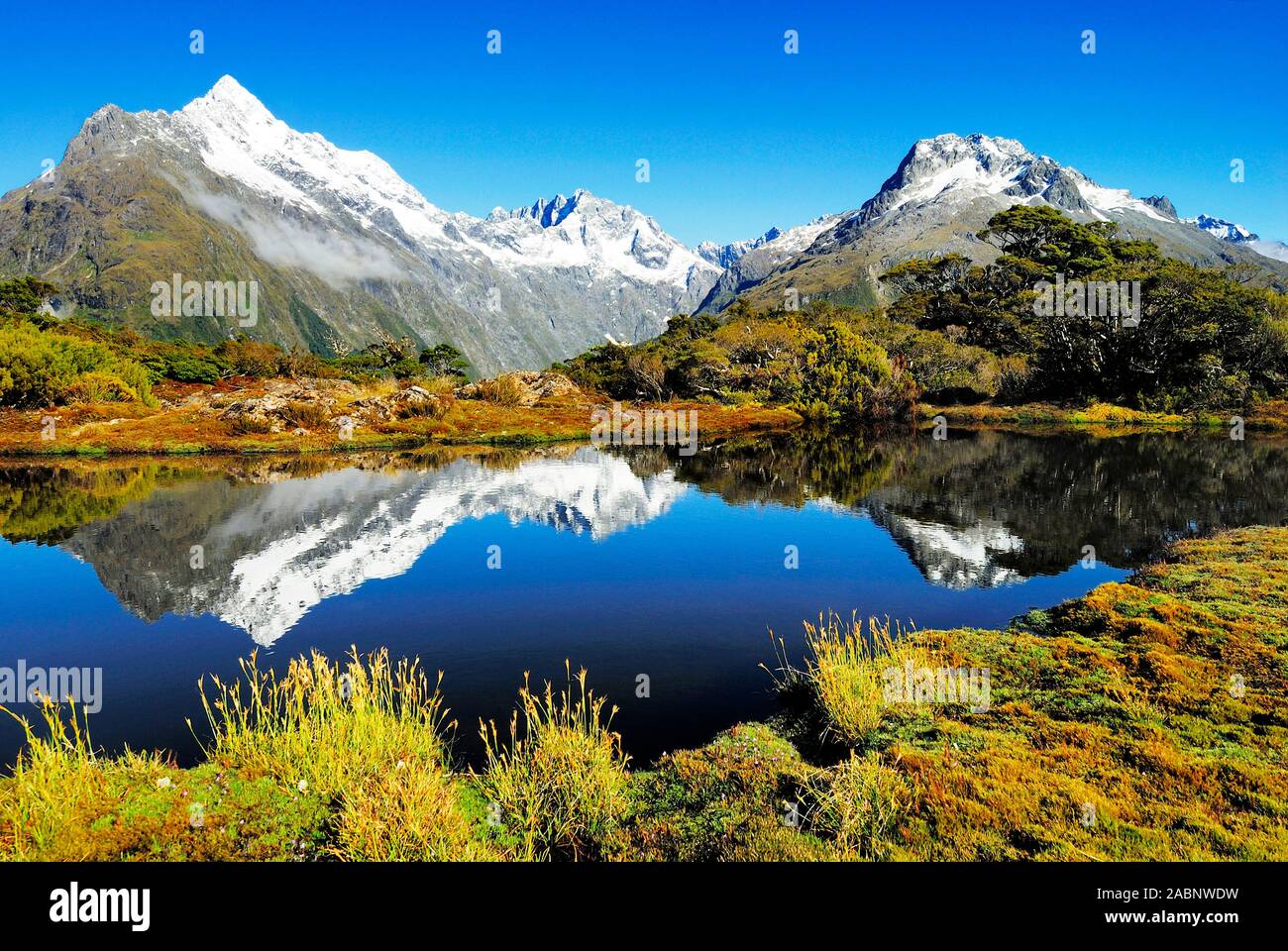 Vertice chiave mit Spiegelung des Mt. Christina, Fjordland Nationalpark, Weltnaturerbe sud ovest della Nuova Zelanda, Westkueste, Suedinsel Neuseeland; Februar Foto Stock