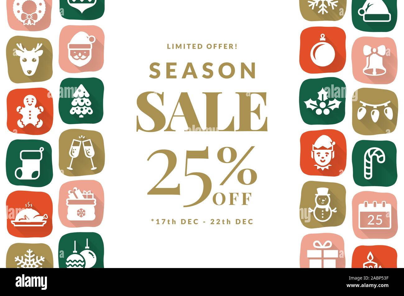 Natale Vendita banner. Background moderno con appartamento vacanza icone e posto per il testo. Vettore orizzontale modello per Natale e Anno Nuovo sconti. Illustrazione Vettoriale