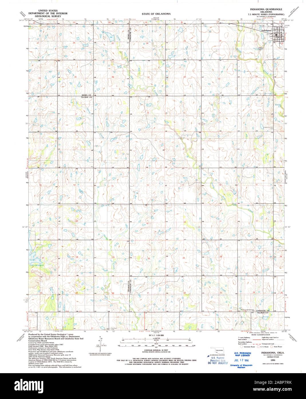 USGS TOPO Map Oklahoma OK Indiahoma 706099 1991 24000 Restauro Foto Stock