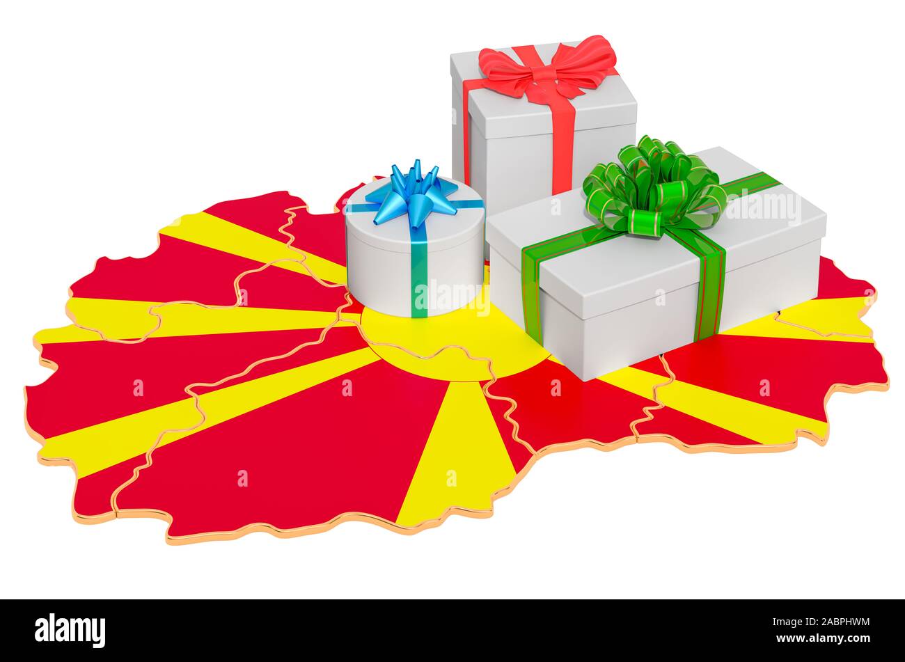 Confezioni regalo sulla mappa macedone. Natale e Capodanno Vacanze in Macedonia concetto. 3D rendering isolati su sfondo bianco Foto Stock