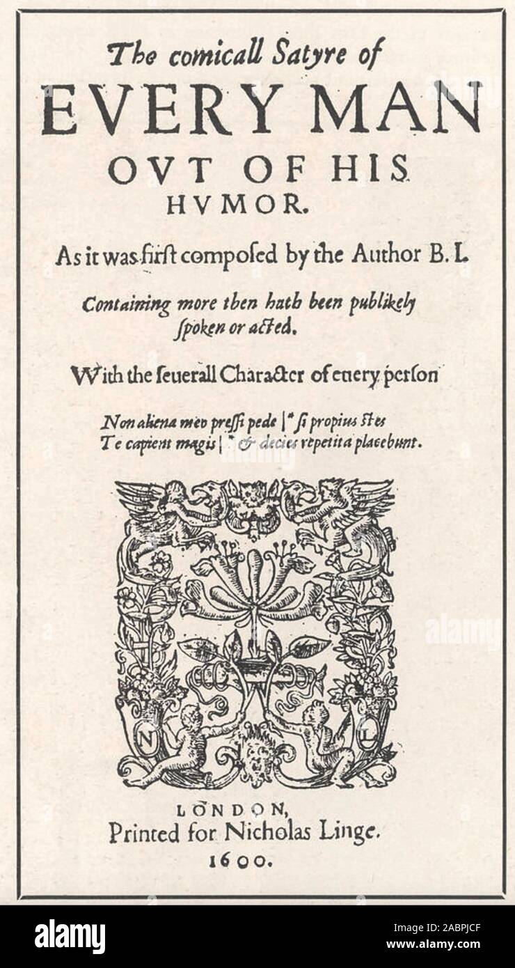 Ogni uomo al di fuori del suo umorismo pagina Titolo del 1600 Edition del gioco da Ben Jonson Foto Stock