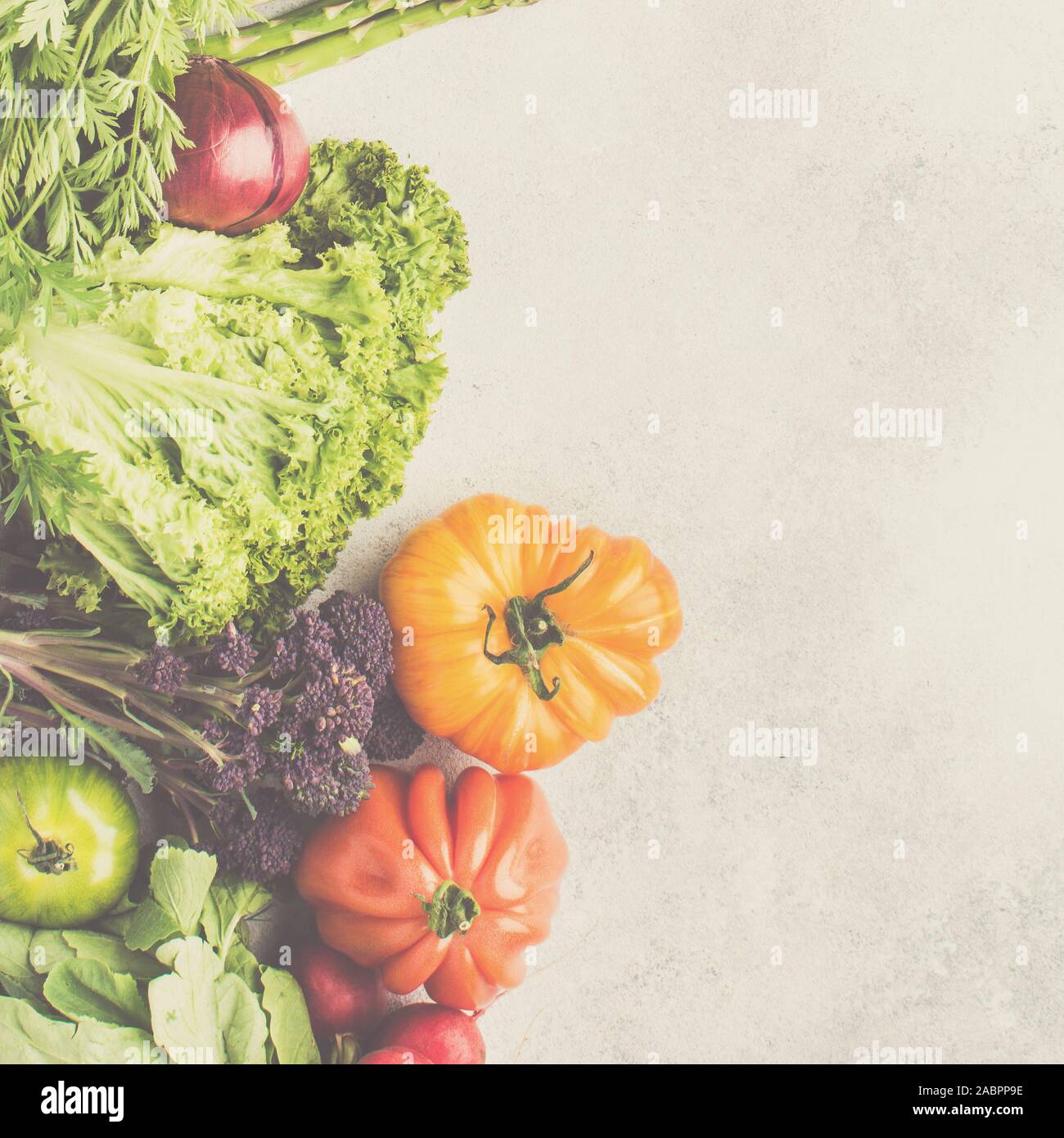 Materie organiche vegetali su off lo sfondo bianco, vista dall'alto, tonica, il fuoco selettivo Foto Stock