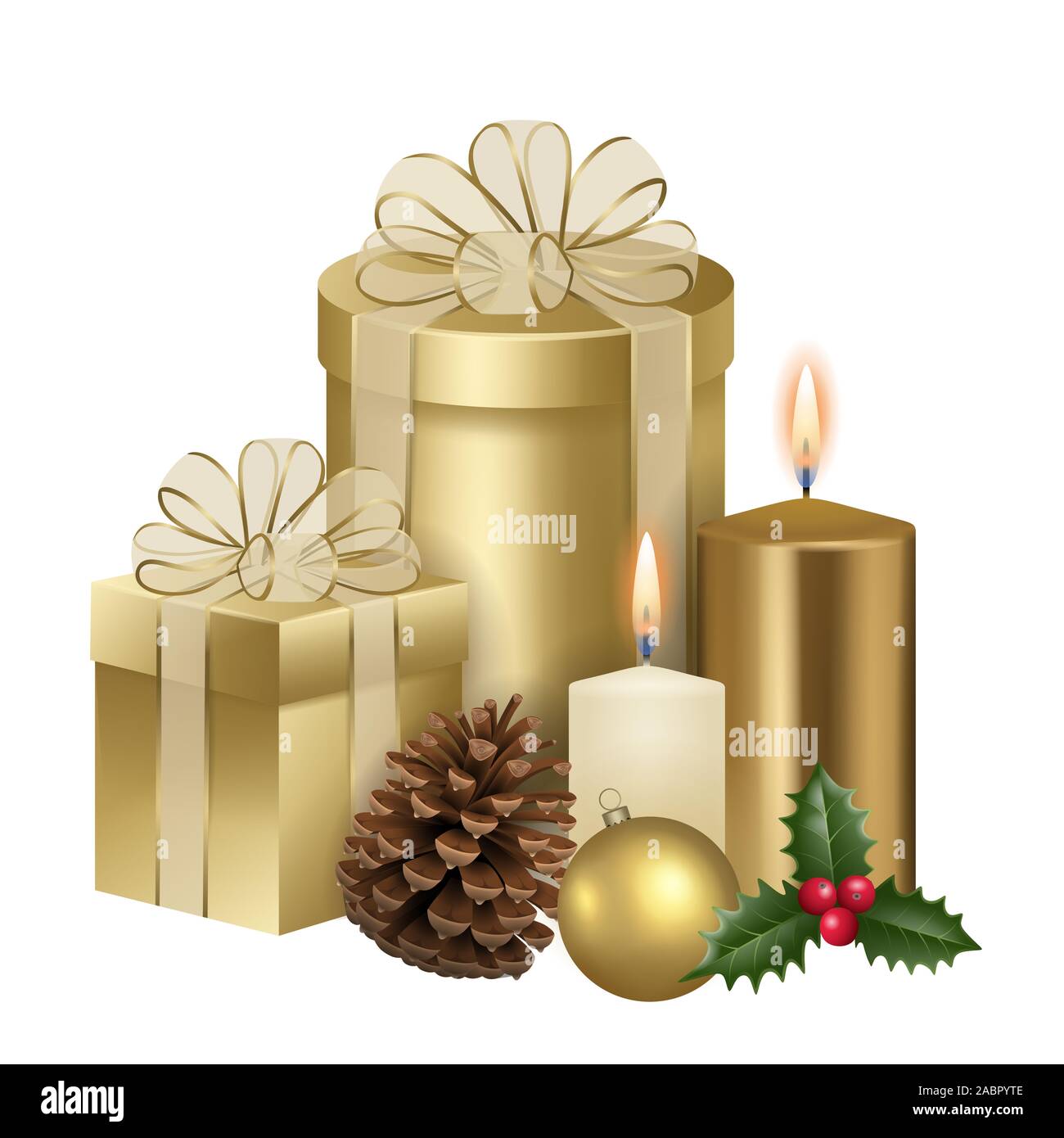 Illustrazione di natale con oro confezioni regalo, Pigna, PALLA DI NATALE, candele e holly Foto Stock