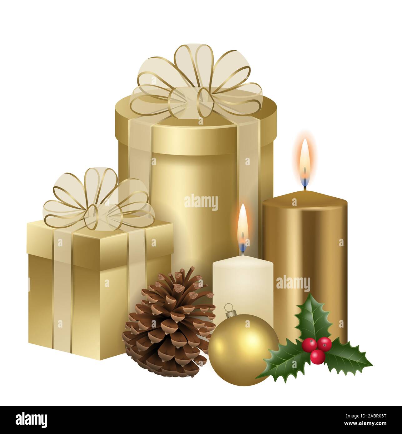 Illustrazione di natale con oro confezioni regalo, Pigna, PALLA DI NATALE, candele e holly Illustrazione Vettoriale
