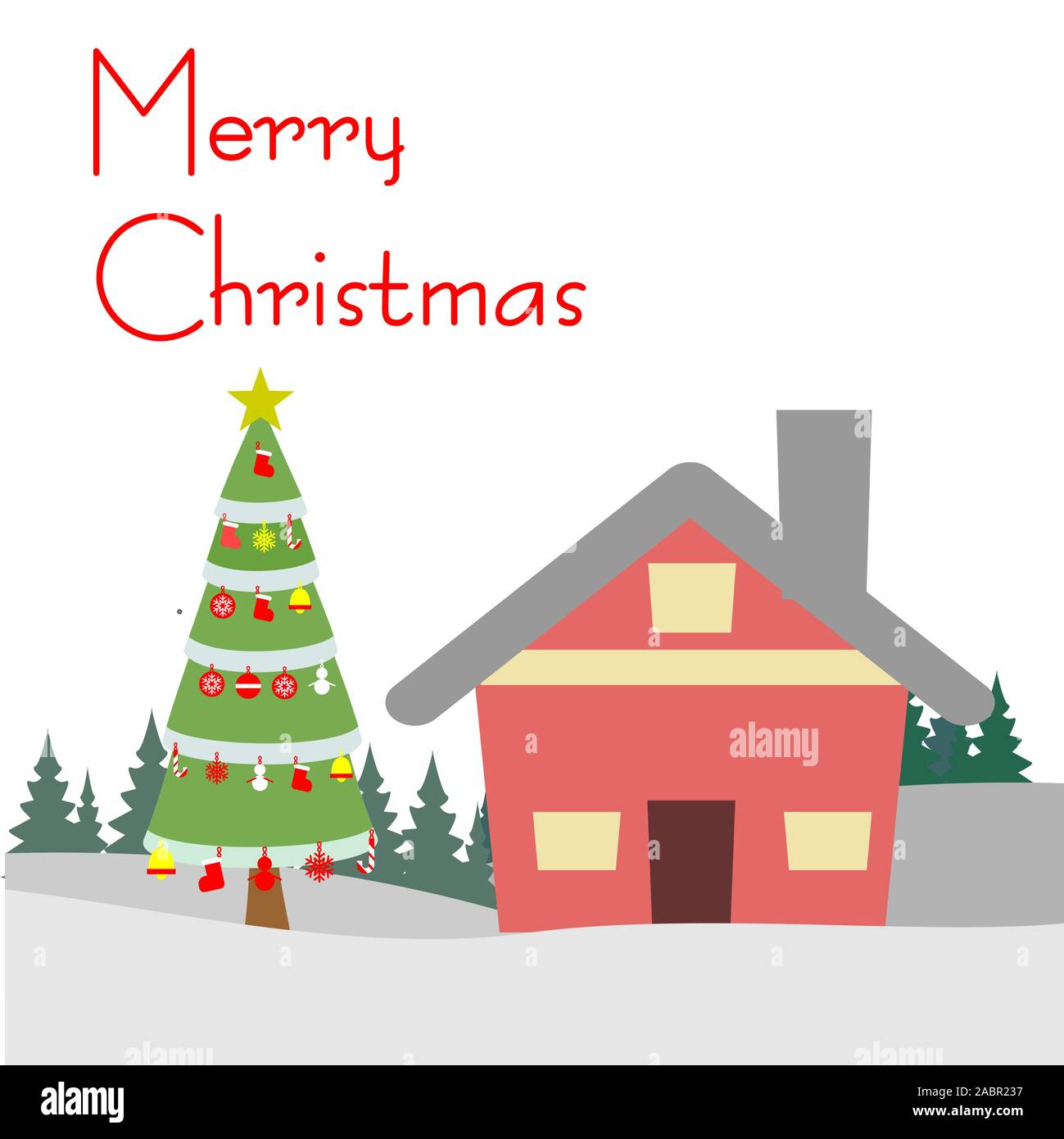 Merry Christmas banner con la casa e l'albero di Natale. candy stick, Xmas decorazione. square Natale poster, cartoline di auguri, intestazioni,social media post Illustrazione Vettoriale