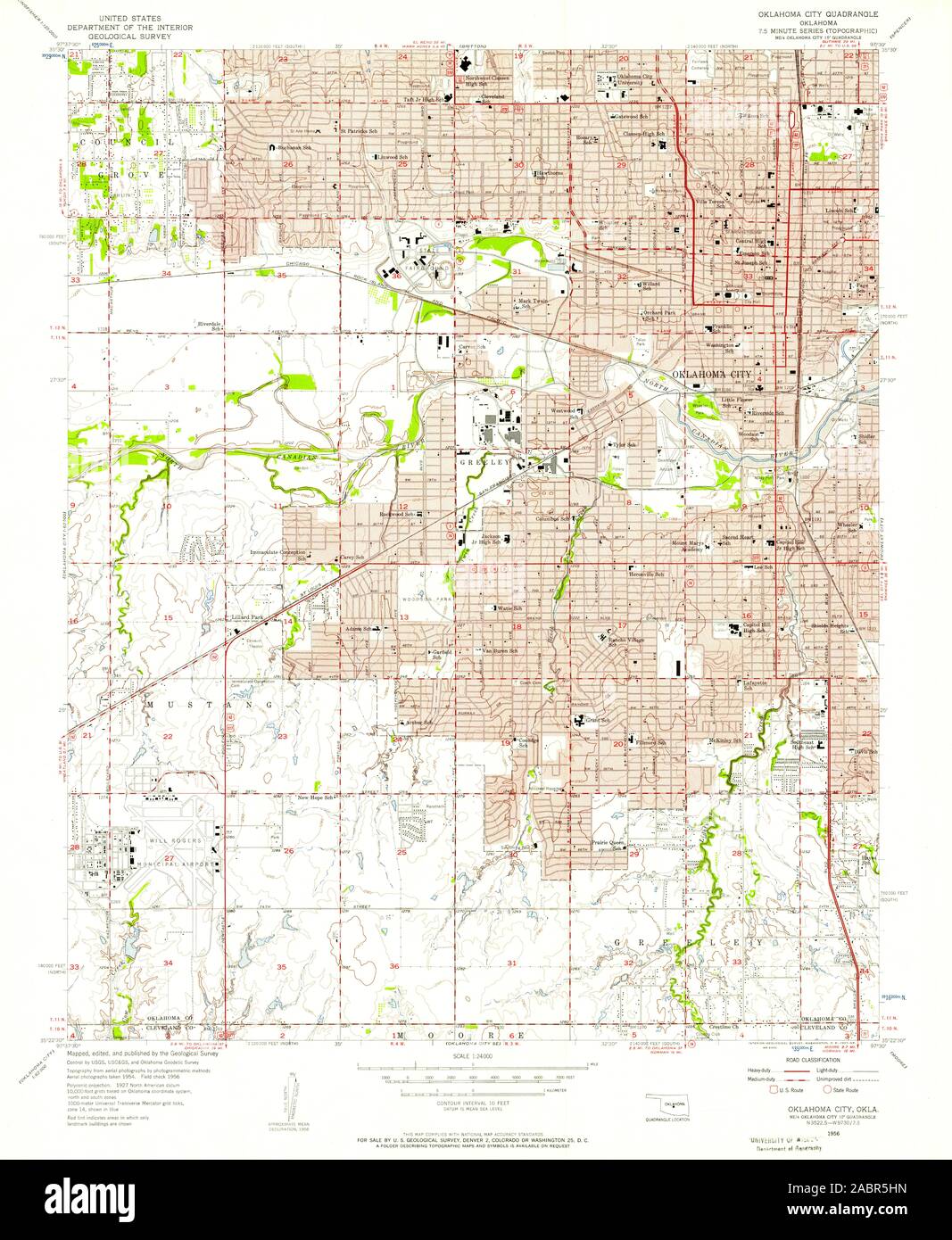 USGS TOPO Map Oklahoma OK Oklahoma City 706496 1956 24000 Restauro Foto Stock