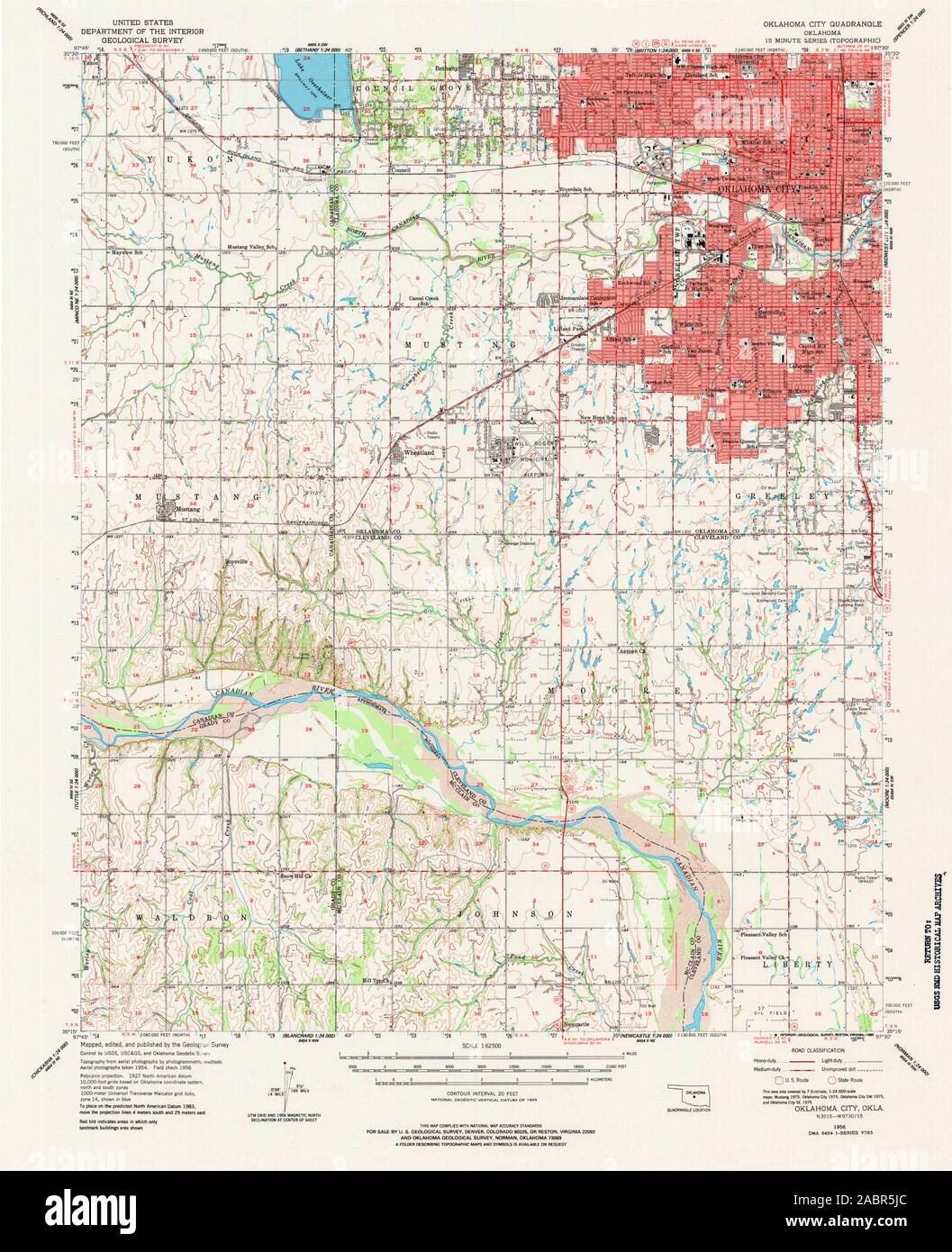 USGS TOPO Map Oklahoma OK Oklahoma City 800961 1956 62500 Restauro Foto Stock
