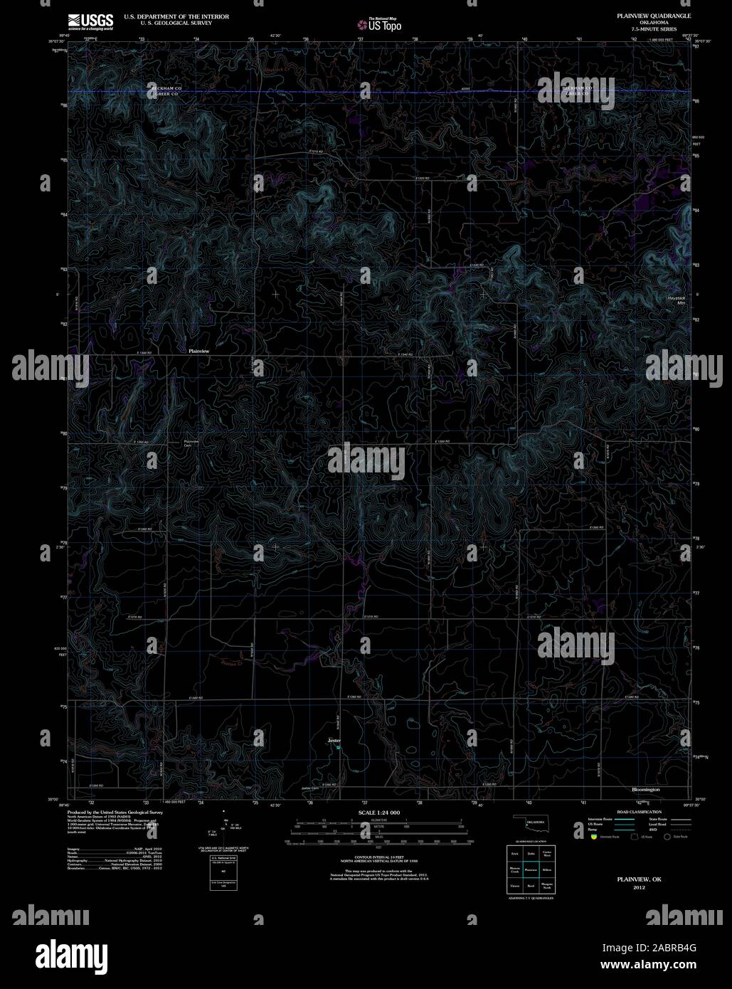 USGS TOPO Map Oklahoma OK Plainview 20121029 TM restauro invertito Foto Stock
