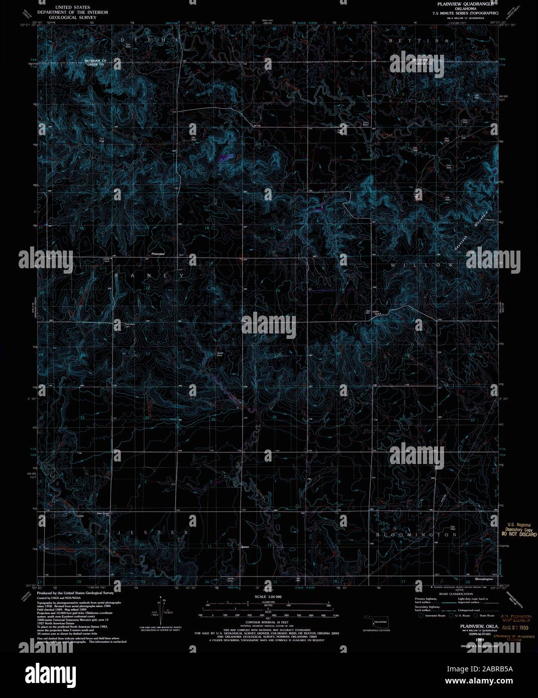 USGS TOPO Map Oklahoma OK Plainview 706583 1989 24000 Restauro invertito Foto Stock