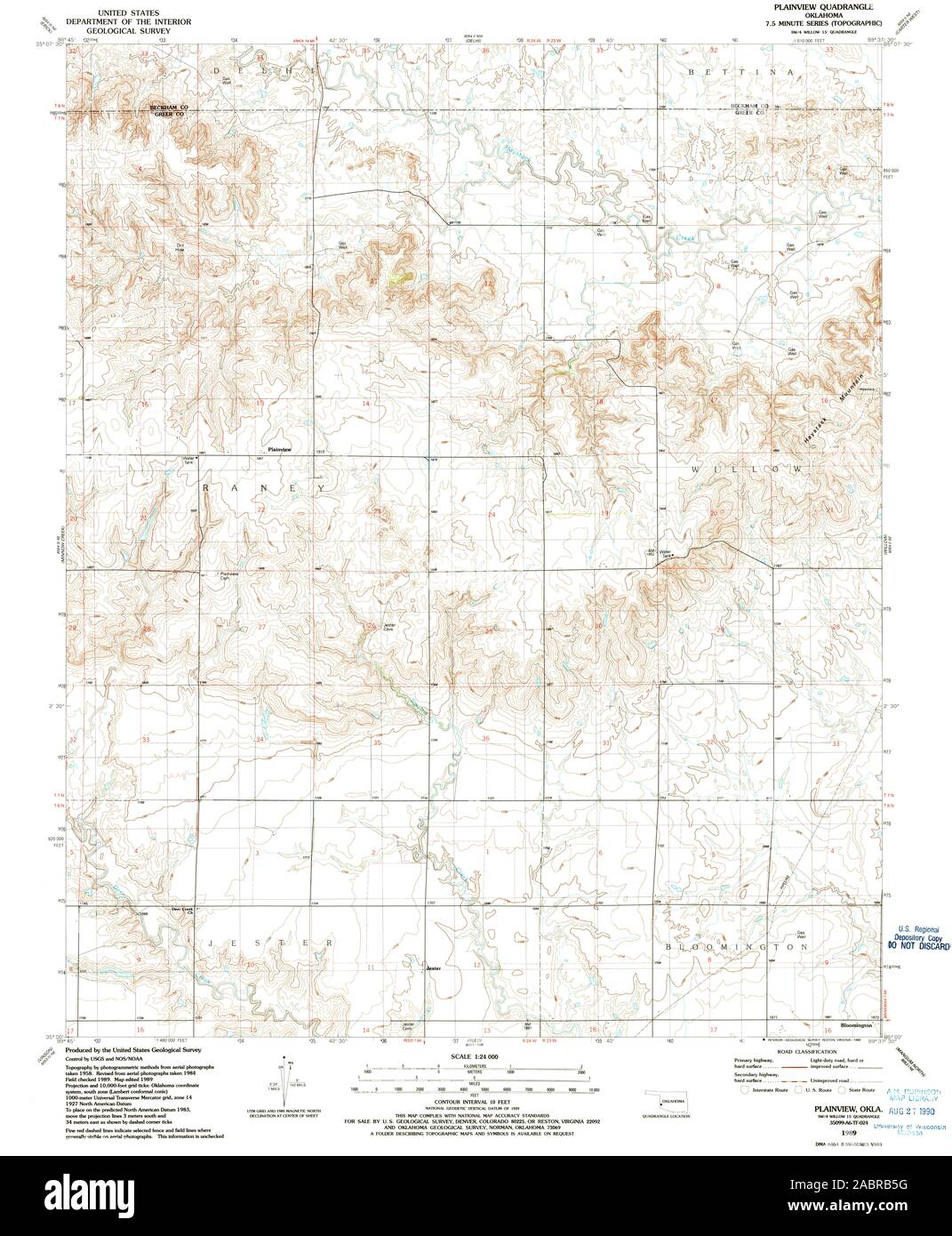 USGS TOPO Map Oklahoma OK Plainview 706583 1989 24000 Restauro Foto Stock