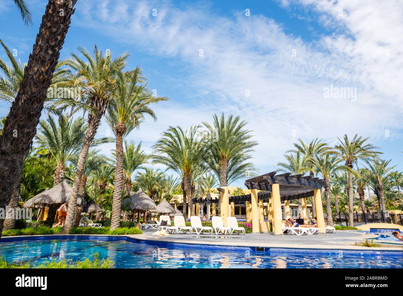 Cabo San Lucas, Baja California sur / Messico - Novembre 2019: Palme e piscina a Riu Santa Fe, All Inclusive Resort Foto Stock