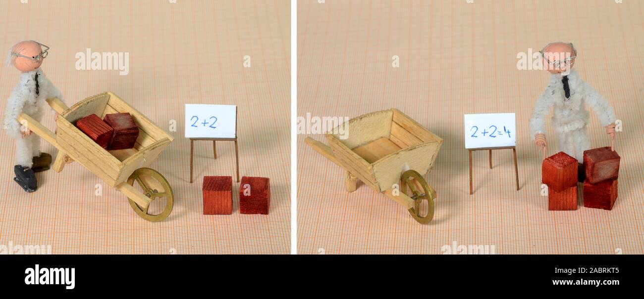 Split immagine sullo schermo con il modello di situazione che illustra le nozioni di base di aggiunta. Foto Stock