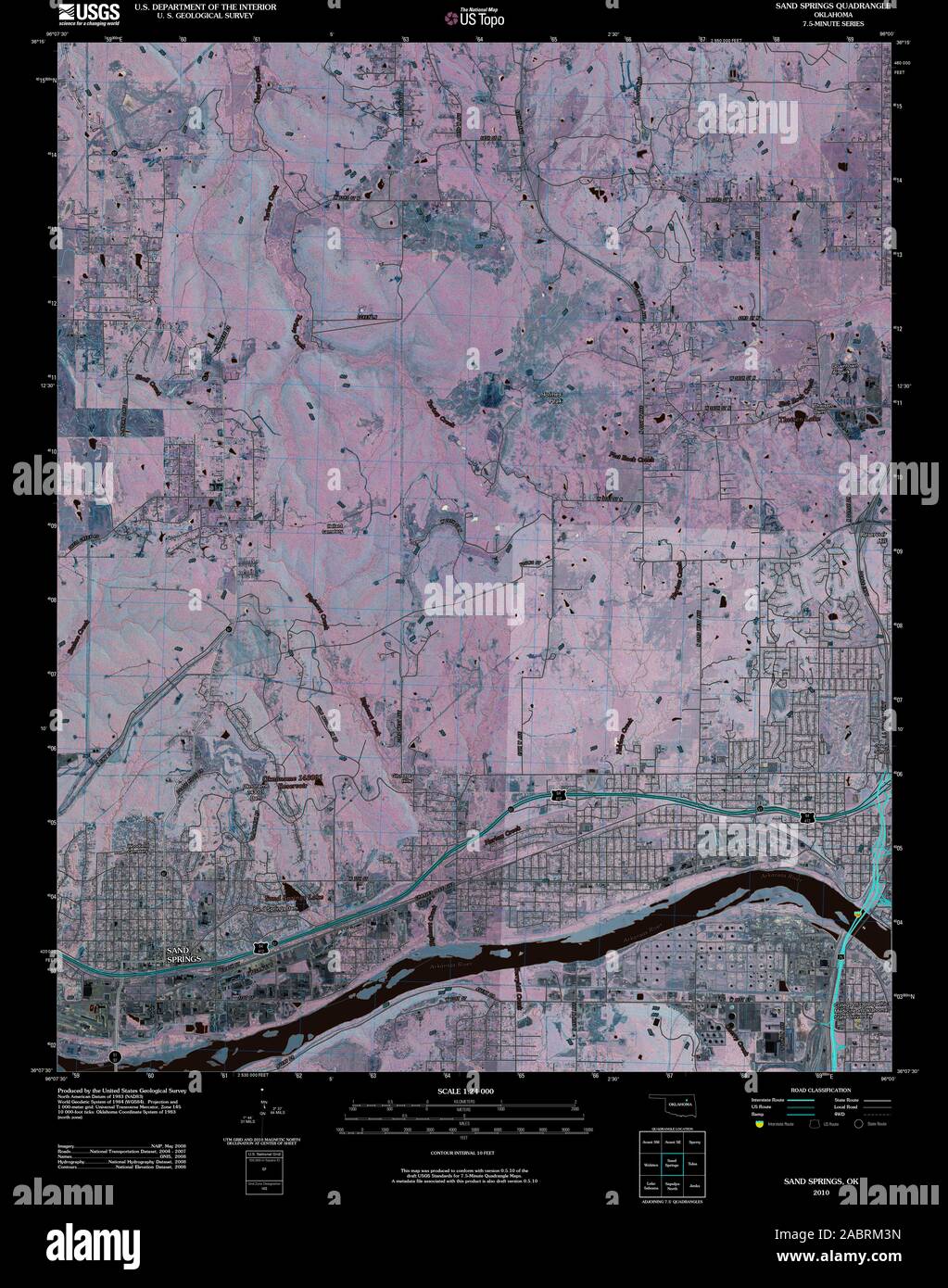 USGS TOPO Map Oklahoma OK Sand Springs 20100114 TM restauro invertito Foto Stock