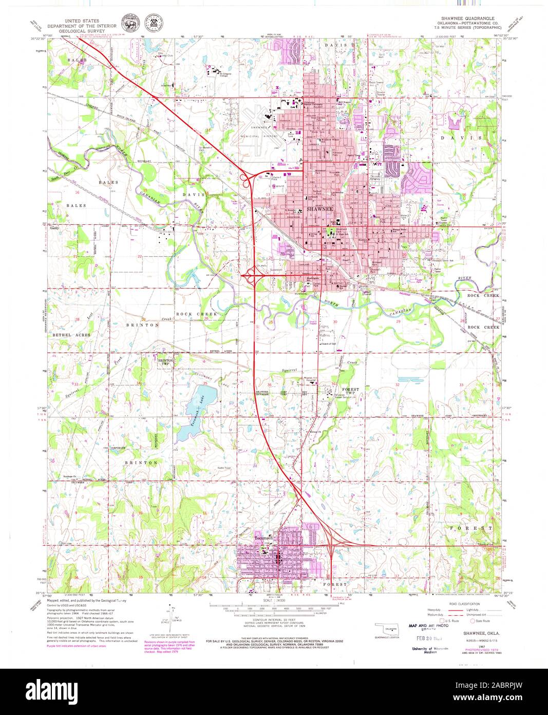 USGS TOPO Map Oklahoma OK Shawnee 706780 1967 24000 Restauro Foto Stock