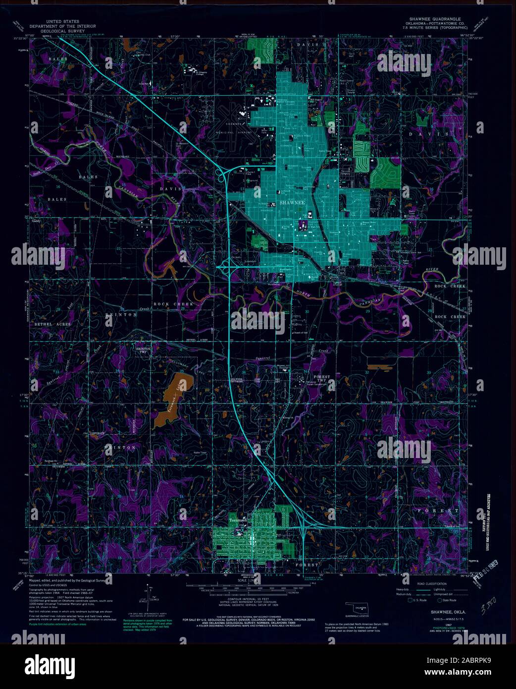 USGS TOPO Map Oklahoma OK Shawnee 801028 1967 24000 Restauro invertito Foto Stock
