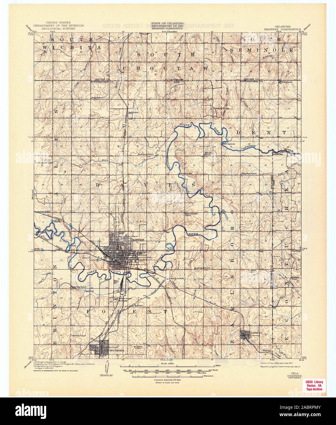 USGS TOPO Map Oklahoma OK Shawnee 802408 1909 62500 Restauro Foto Stock