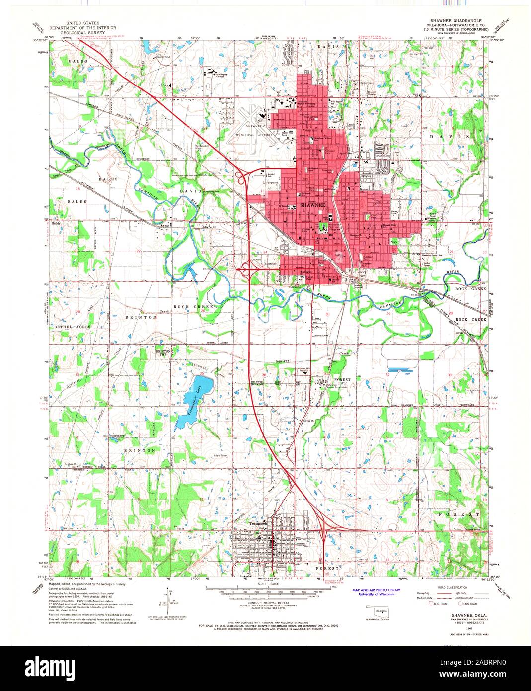 USGS TOPO Map Oklahoma OK Shawnee 706781 1967 24000 Restauro Foto Stock