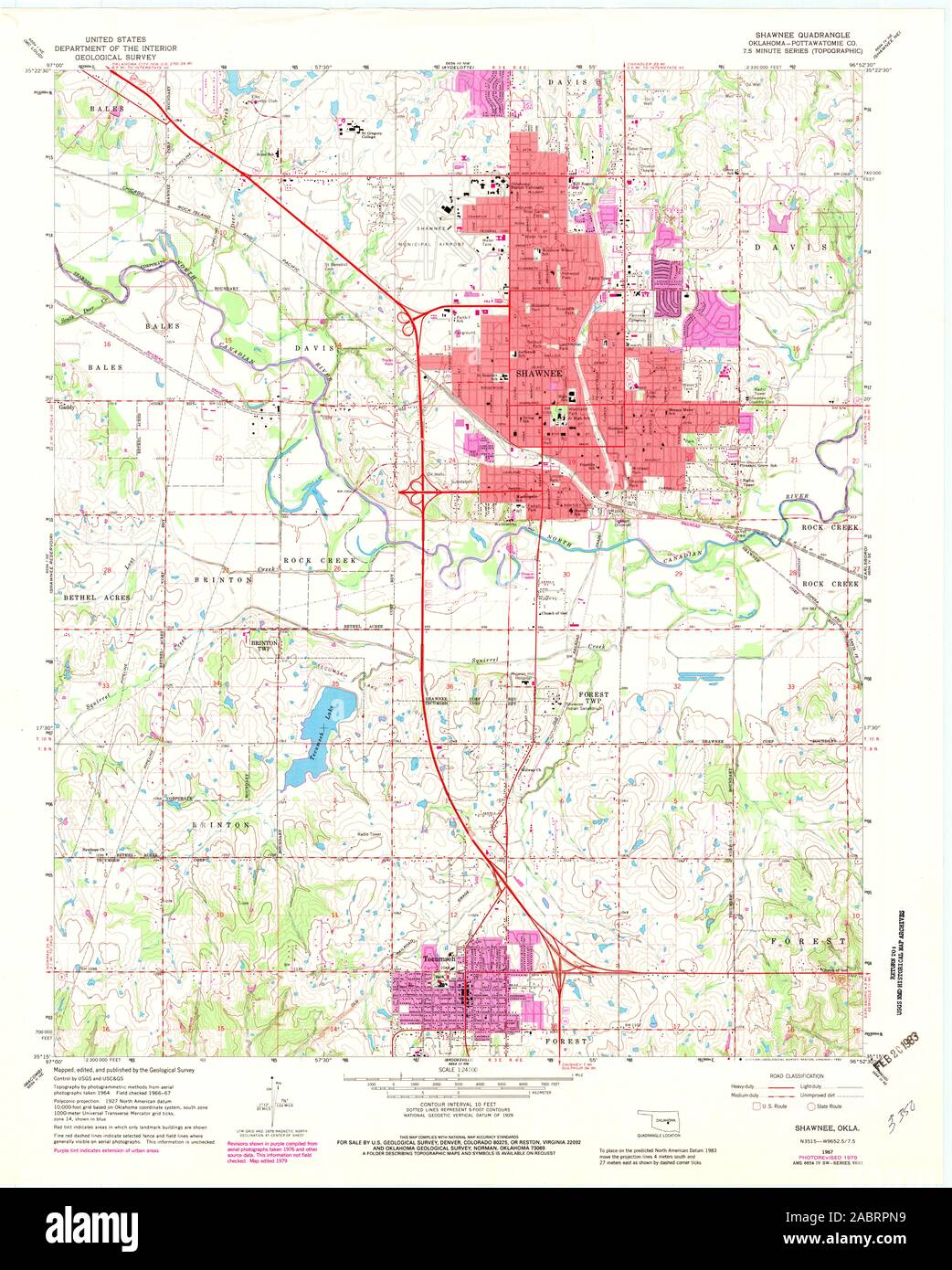 USGS TOPO Map Oklahoma OK Shawnee 801028 1967 24000 Restauro Foto Stock