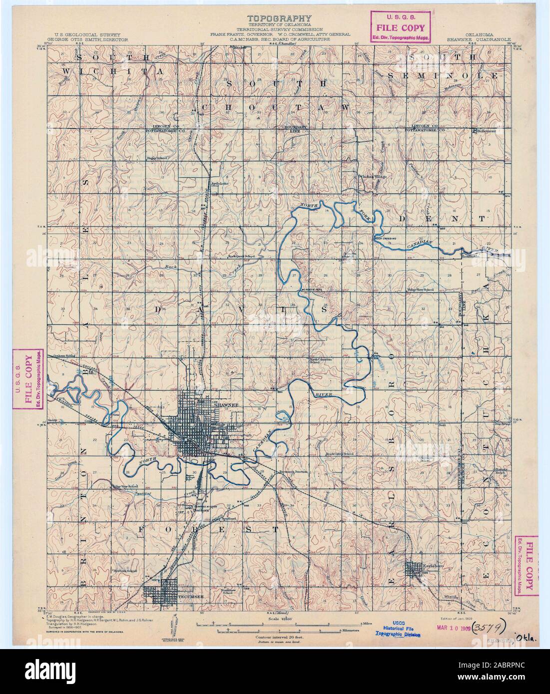 USGS TOPO Map Oklahoma OK Shawnee 802590 1909 62500 Restauro Foto Stock