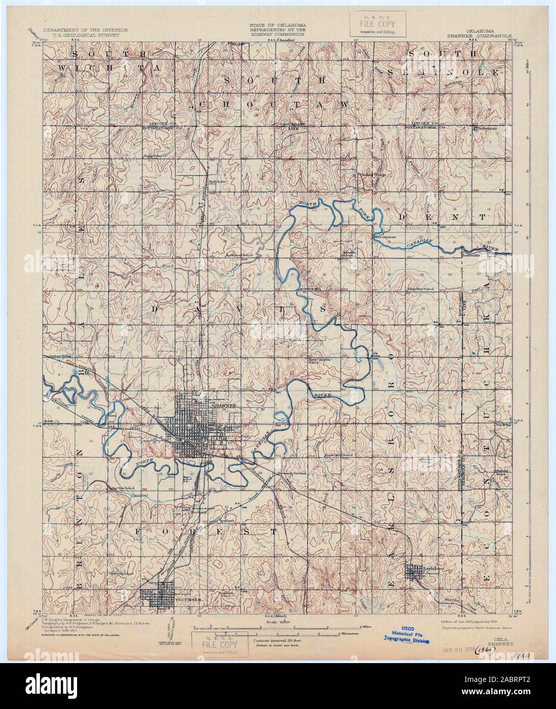 USGS TOPO Map Oklahoma OK Shawnee 802589 1909 62500 Restauro Foto Stock