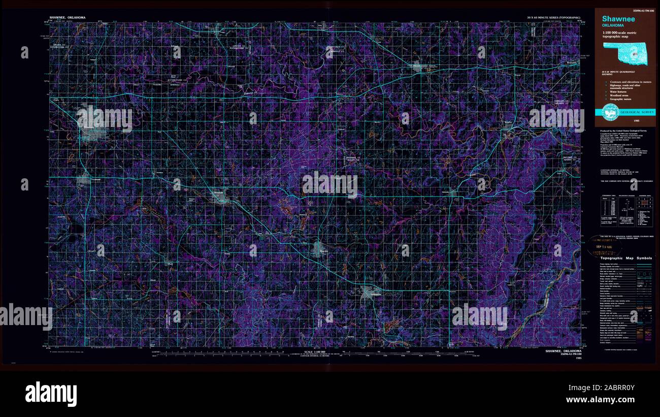 USGS TOPO Map Oklahoma OK Shawnee 802697 1985 100000 Restauro invertito Foto Stock