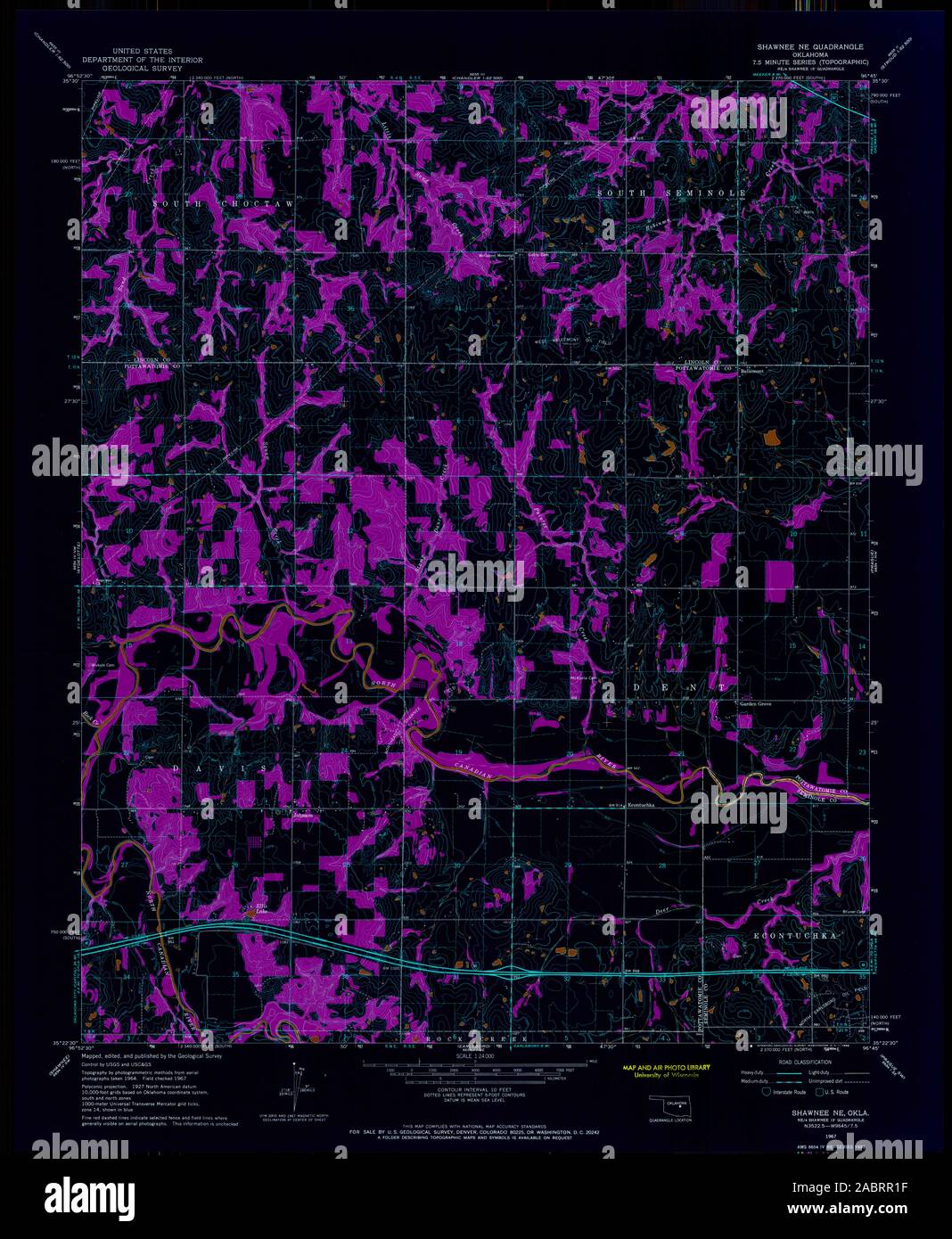 USGS TOPO Map Oklahoma OK Shawnee NE 706783 1967 24000 Restauro invertito Foto Stock